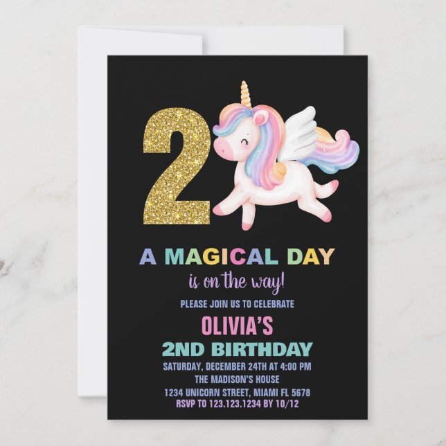 segundo Arco-Íris Unicorn Convites de Aniversário  (Frente)