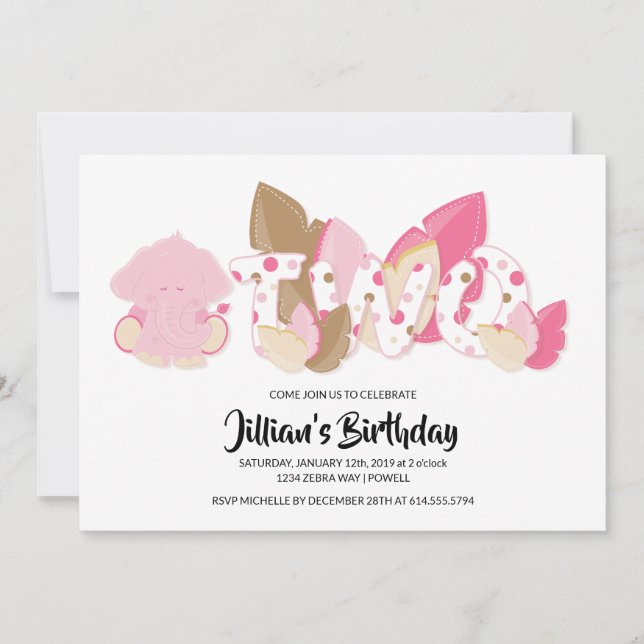 Segundo Convite de aniversário de Elefante Rosa (Frente)