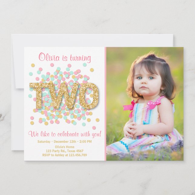 Segundo Convite de Aniversário Menina Dourada Rosa (Frente)