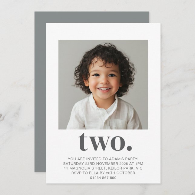 Segundo Convite Fotográfico de Aniversário em Cinz (Frente/Verso)