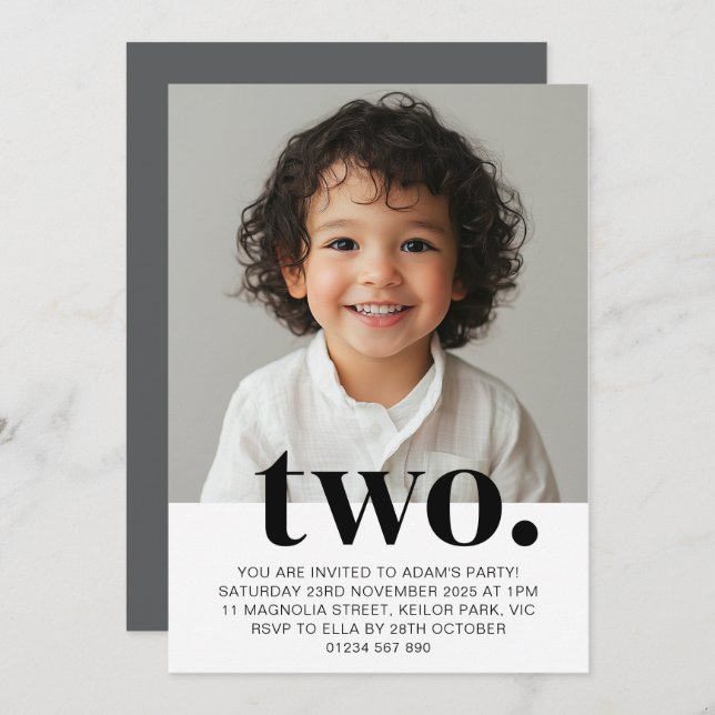 Segundo Convite Fotográfico de Aniversário em Cinz (Frente/Verso)