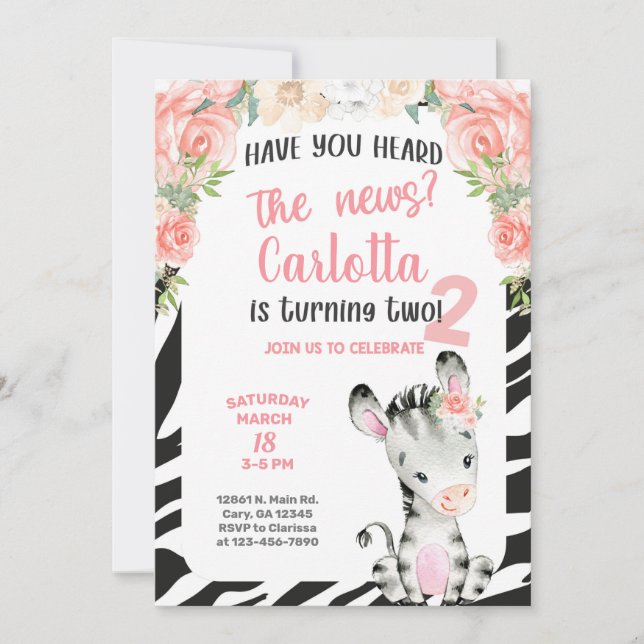 Segundo de zebra, segundo convite de aniversário. (Frente)