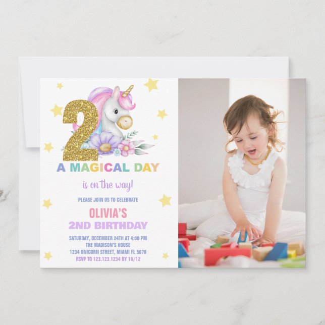 segundo Floral Unicorn Convite de Aniversário com  (Frente)