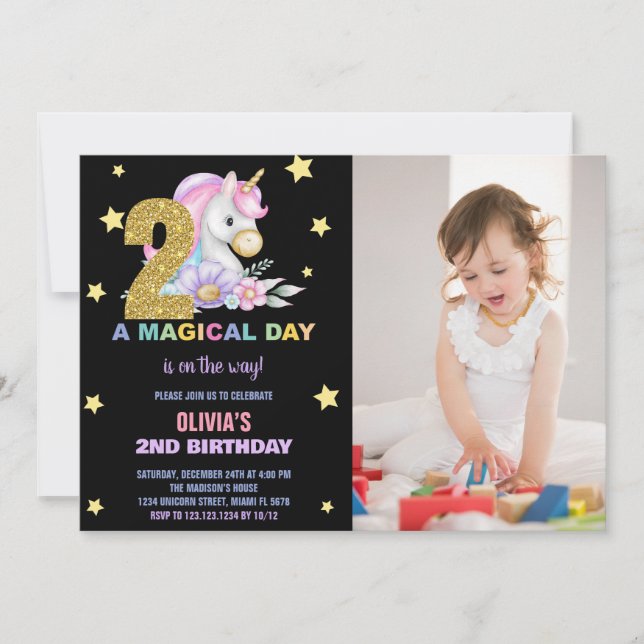 segundo Floral Unicorn Convite de Aniversário com  (Frente)