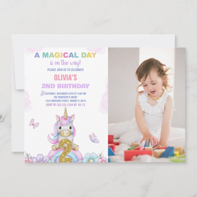segundo Floral Unicorn Convite de Aniversário com  (Frente)