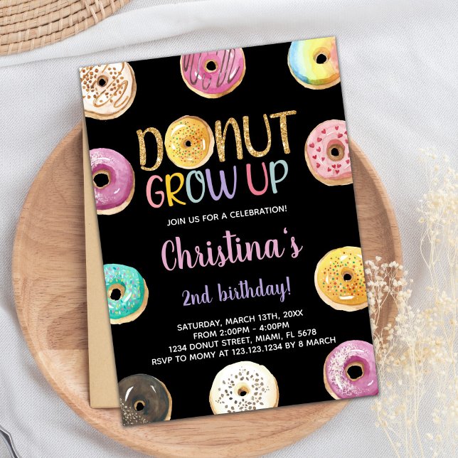 segundo Ouro Rosquinha Brilhante  Convites de Aniv (2nd Golden Glitter Donut Birthday Invitations)