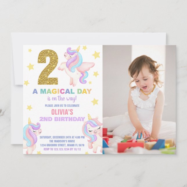 segundo Rainbow Unicorn Aniversário Convites com f (Frente)