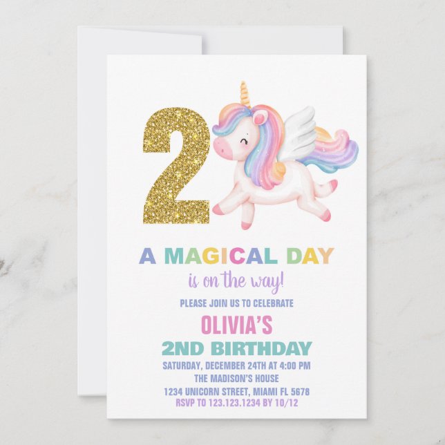 segundo Rainbow Unicorn - Convites de Aniversário (Frente)