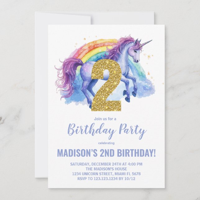 segundo Rainbow Unicorn - Convites de Aniversário (Frente)