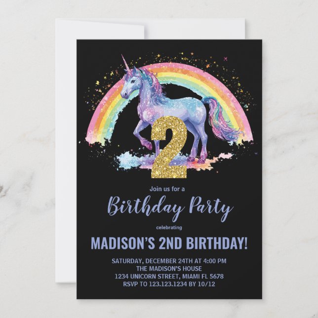 segundo Rainbow Unicorn - Convites de Aniversário (Frente)