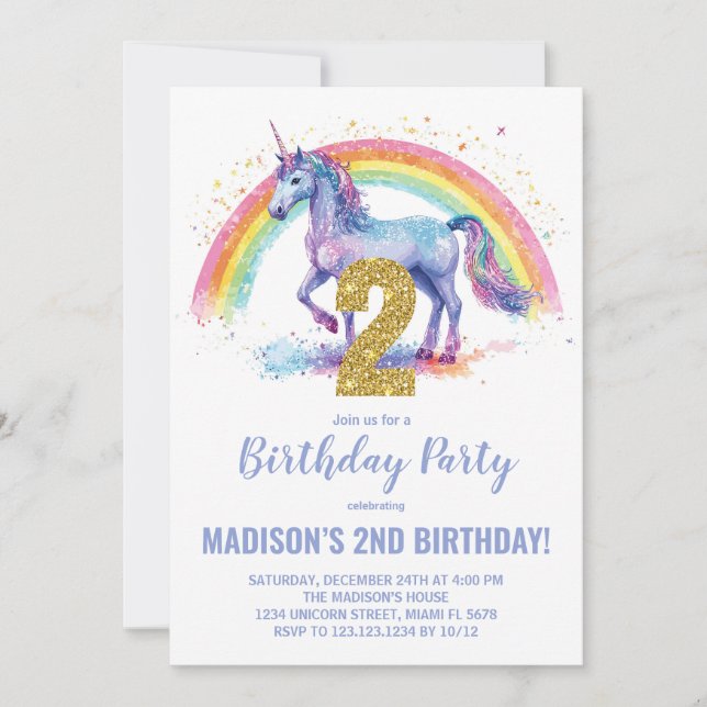 segundo Rainbow Unicorn - Convites de Aniversário (Frente)