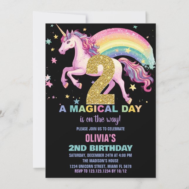 segundo Unicorn Convites de Aniversário Preto (Frente)