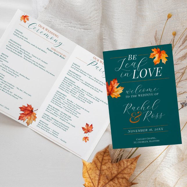 Seja Folha No Amor Programa De Cerimônia De Casame (Elegant fall leaves Be Leaf In Love teal rust rachel ross folded wedding ceremony program service)