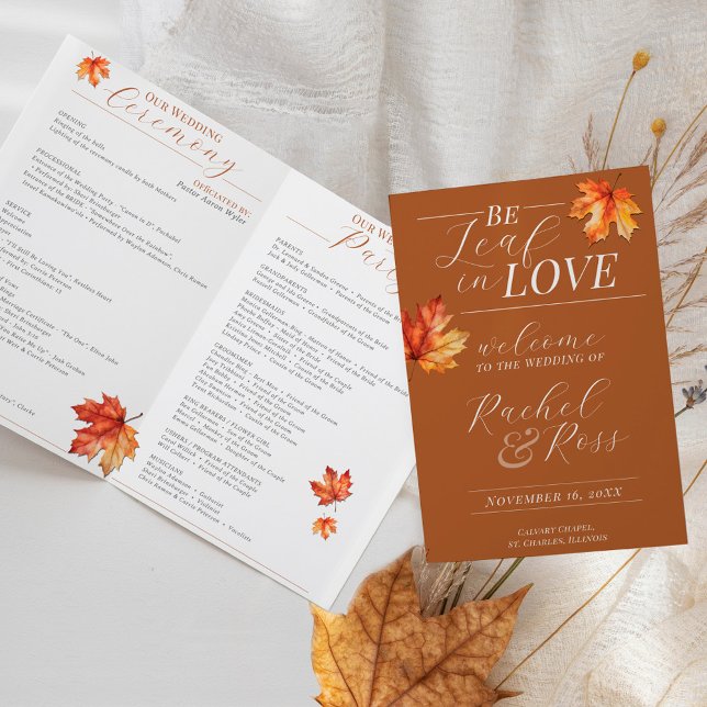 Seja Folha No Love Casamento outono Ceremony Progr (Fall Leaves Be Leaf In Love burnt orange rust terracotta Autumn wedding folded ceremony program)