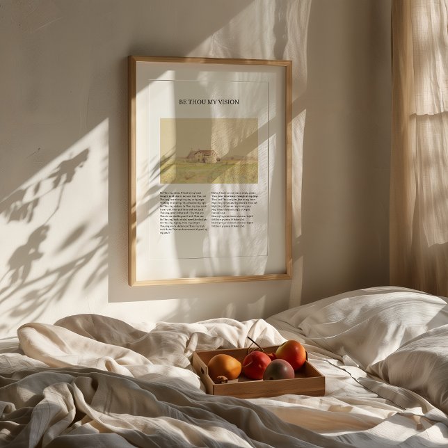 Seja Você Minha Visão, Impressão de Hymn (Framed "Be Thou My Vision" hymn wall art with spring fiel painting, styled in cozy, minimalist room.)