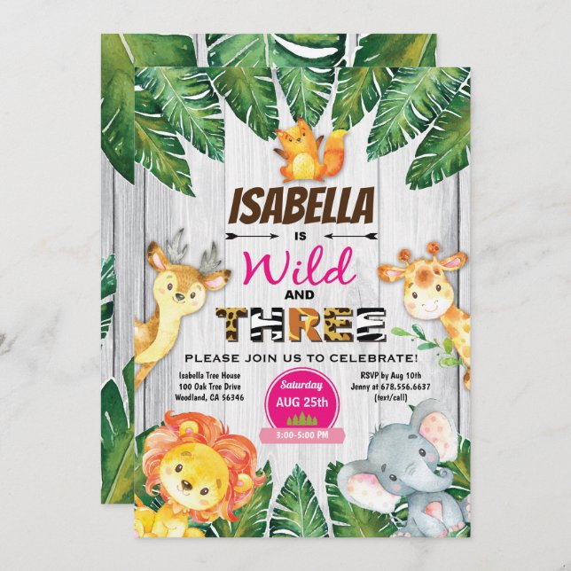 Selvagem e três aniversário de 3 anos convite safa (Frente/Verso)
