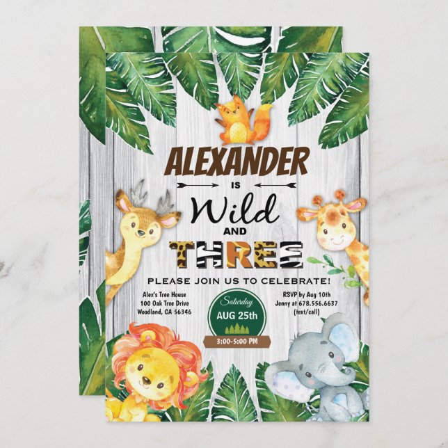 Selvagem e três aniversário de 3 anos convite safa (Frente/Verso)