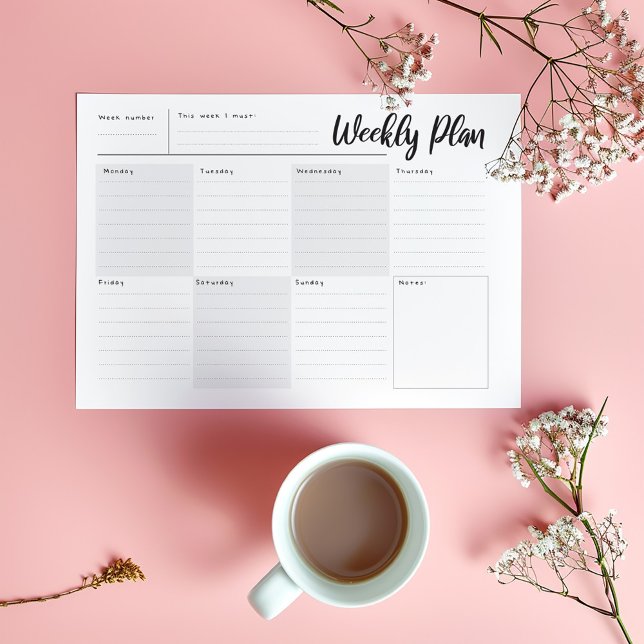 Semanal, dia a dia no Bloco de Notas do Organizado (Minimalist weekly planner pad with black script header, daily sections, and notes box.)