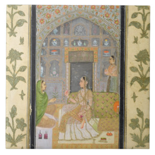 Senhora assentada em um pavilhão com assistentes,