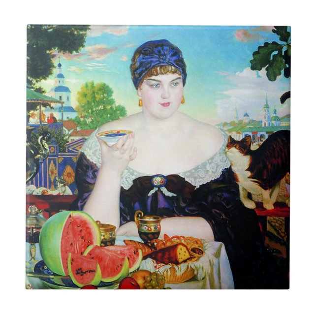 Senhora Bebendo Chá com azulejo do gato (Frente)