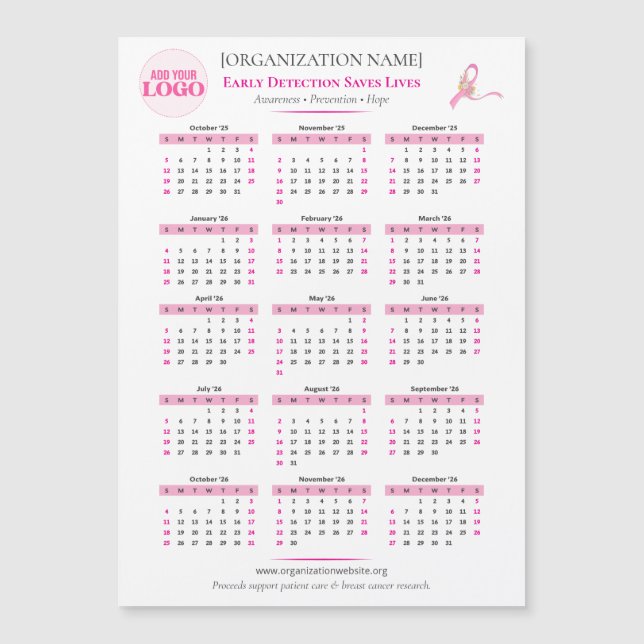 Sensibilização para o Cancer da Mama Calendário de (Frente)