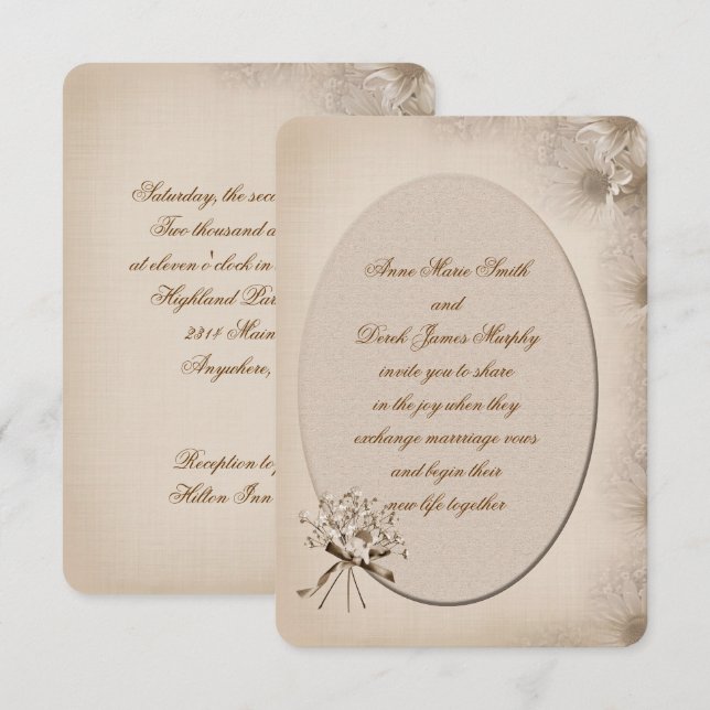 Sepia Wedding Daisy Border Convite (Frente/Verso)