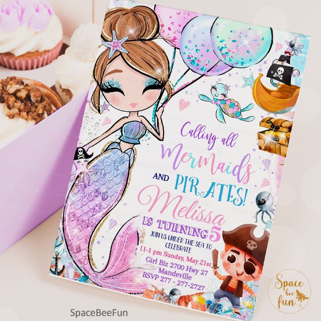 Sereia Aniversário Convite Sereia Sereia e Piratas (Mermaid Birthday Invitation Mermaid and Pirates Party invite, Pool invite, Magical party, Brown hair)
