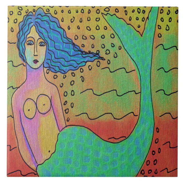 Sereia com pintura digital Abstrato de cabelo azul (Frente)