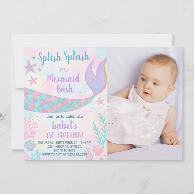 Sereia Convite de Aniversário com Foto (Frente)