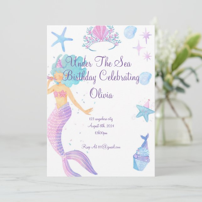 Sereia Convite De Aniversário Para Meninas Anivers (Em pé/Frente)