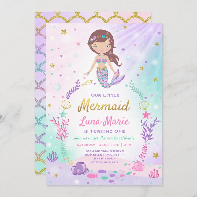 Sereia Convite De Aniversário Sob Festa Do Mar (Frente/Verso)