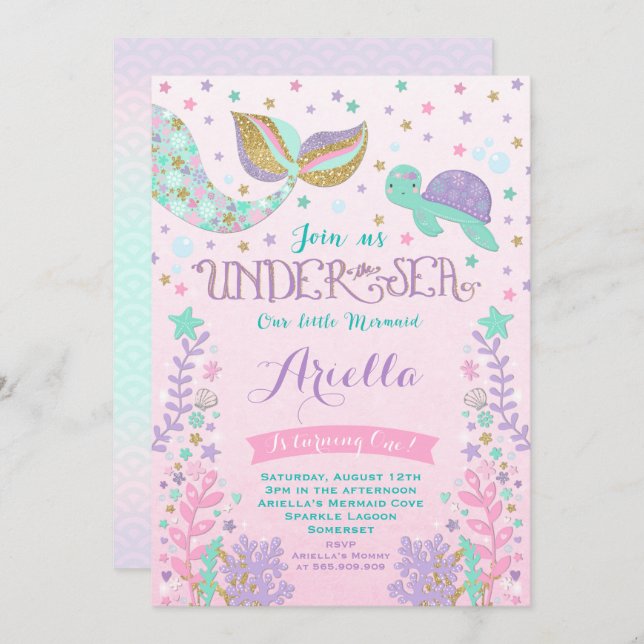Sereia Convite De Aniversário Sob Festa Do Mar (Frente/Verso)