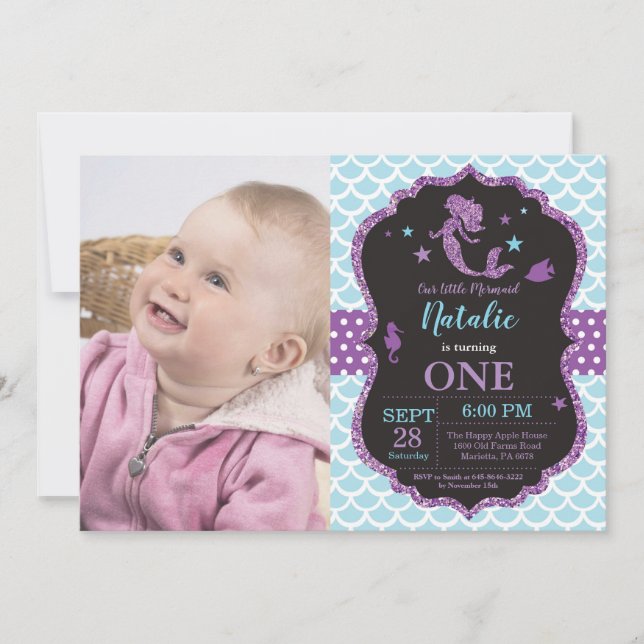 Sereia Convite de Aniversário Sob Festa do Mar (Frente)