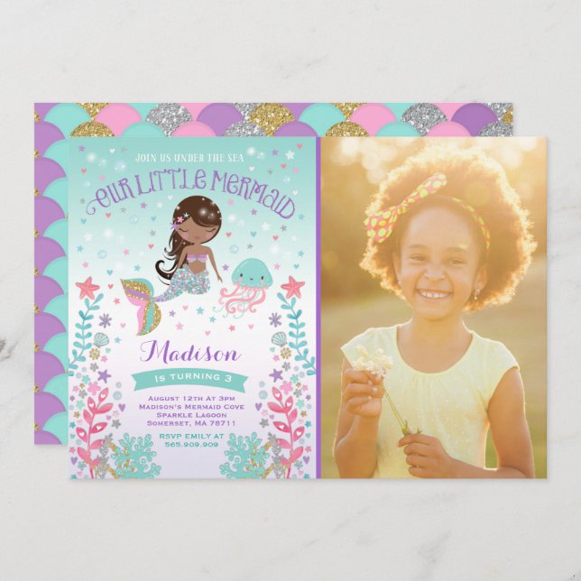 Sereia Convite De Aniversário Sob Festa Do Mar (Frente/Verso)