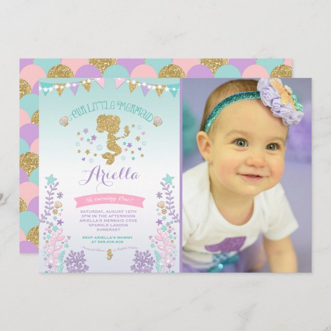 Sereia Convite De Aniversário Sob Festa Do Mar (Frente/Verso)