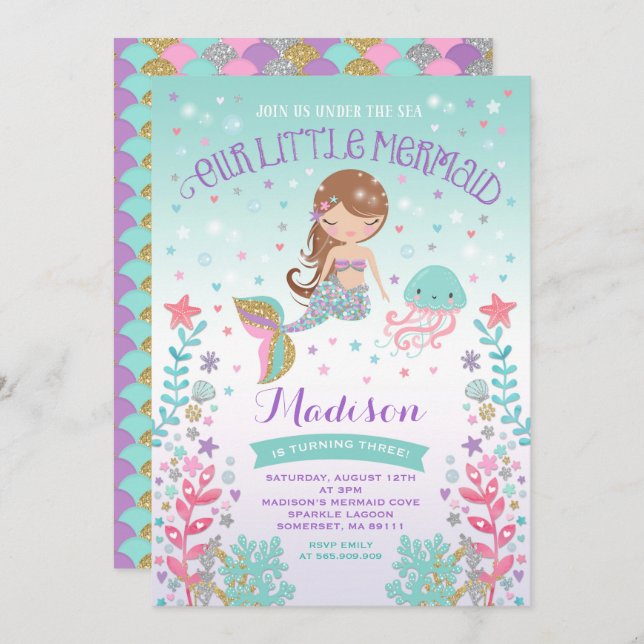 Sereia Convite De Aniversário Sob Festa Do Mar (Frente/Verso)