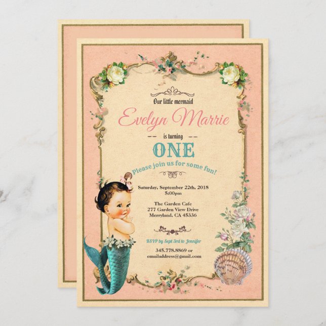 Sereia, convite para o primeiro aniversário, rosa, (Frente/Verso)