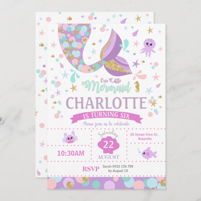 Sereia Convites de Aniversário Festa de Piscina de (Frente/Verso)