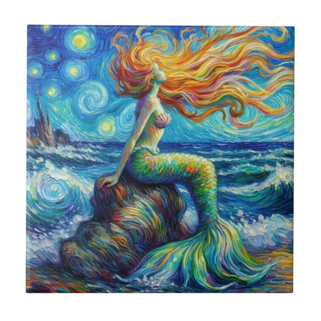 Sereia de Cabelo Vermelho Estilo Van Gogh (Frente)