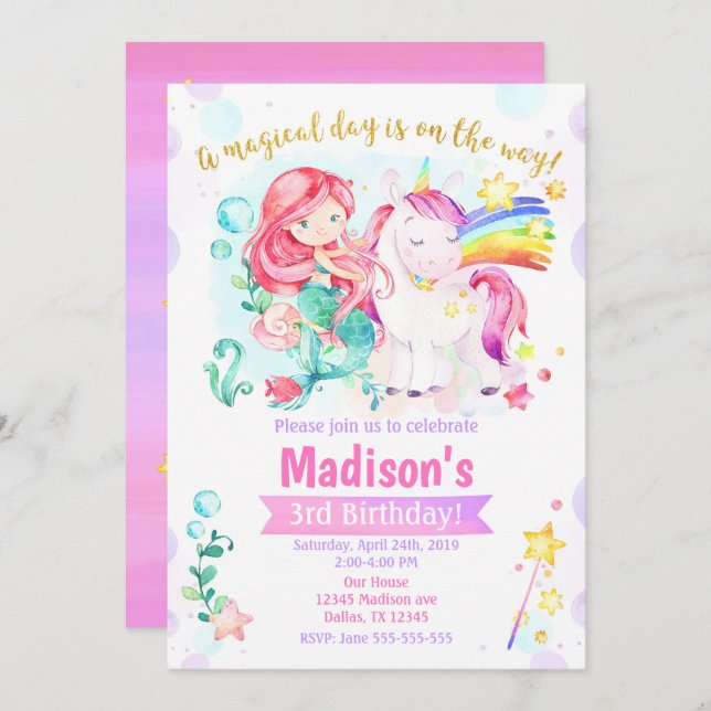 Sereia e Convite de Aniversário Mágico da Unicórn (Frente/Verso)