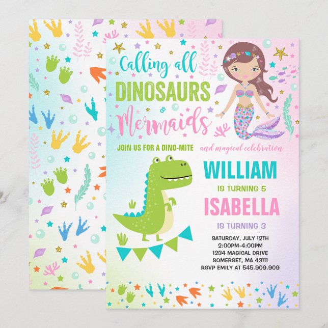 Sereia E Dinossauro Convite De Aniversário Magnéti (Frente/Verso)