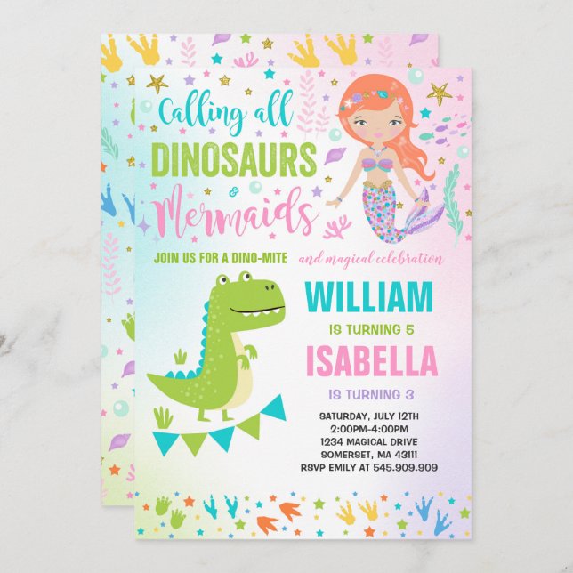 Sereia E Dinossauro Convite De Aniversário Magnéti (Frente/Verso)