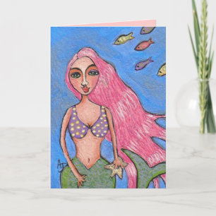 Sereia e peixes de cabelo rosa - cartão de saudaçã