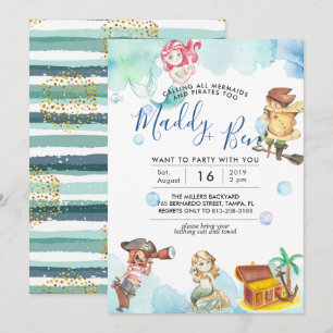 Sereia e Pirata   Convite de festas da Piscina