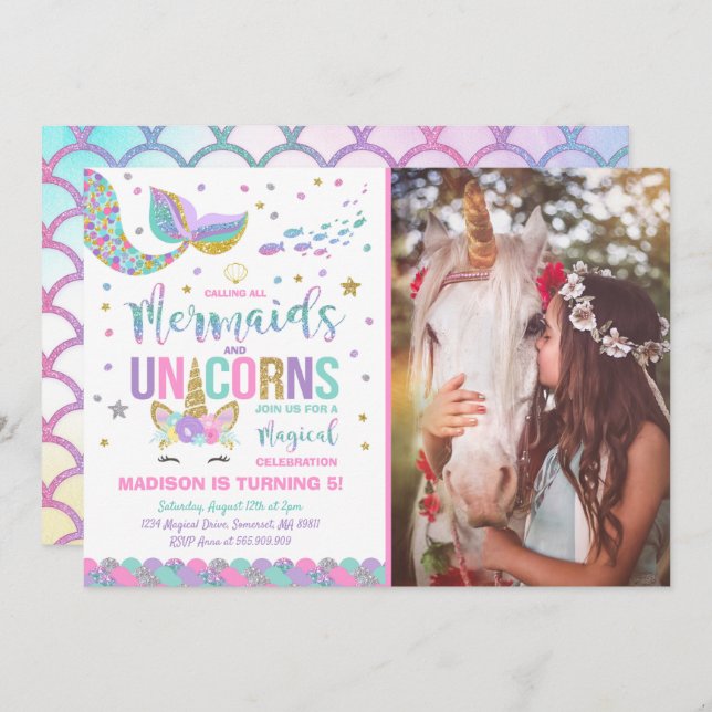 Sereia e Unicórnio Convite de Aniversário, Festa M (Frente/Verso)