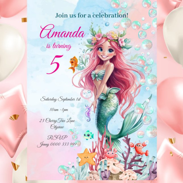 Sereia Editável Sob Convite De Aniversário Do Mar (Personalized Watercolor Mermaid Birthday Invitation – Pink & Blue Whimsical Ocean Party

)
