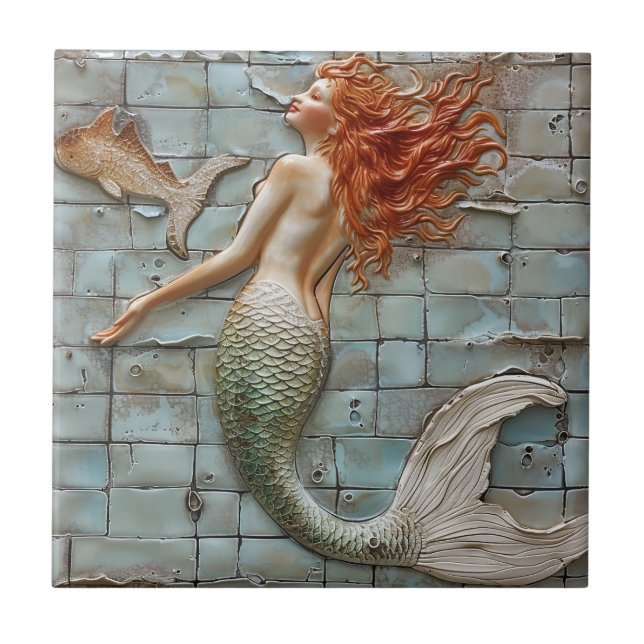 Sereia Laranja Cabelo Mosaico 3D Efeito (Frente)