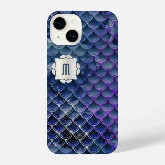 Sereia Monograma Azul e Púrpura iPhone 14 Capas (Verso)