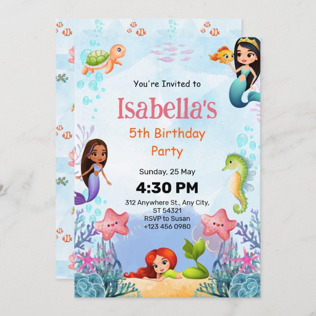 Sereia Sob Convite de aniversário De 5 Mar (Frente/Verso)