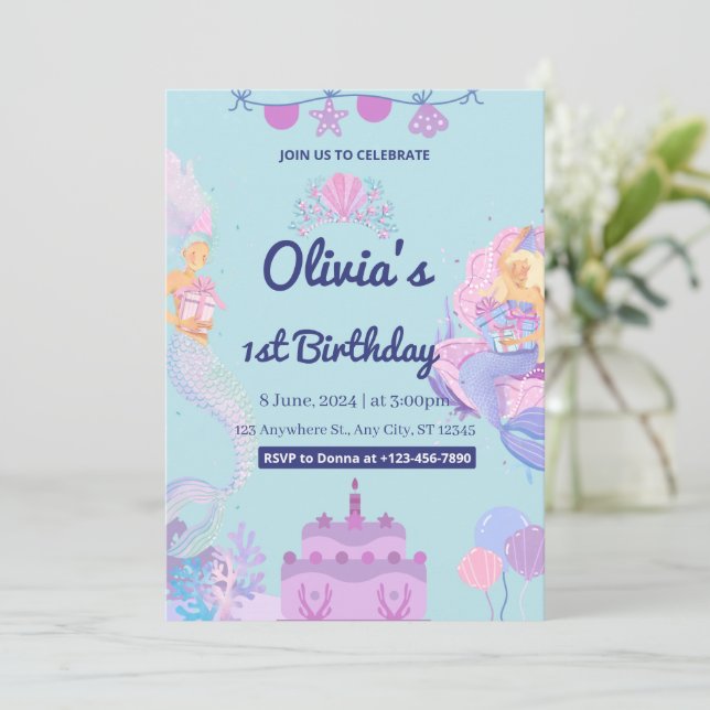 Sereia Sob Convite Para primeiros aniversarios Mar (Em pé/Frente)